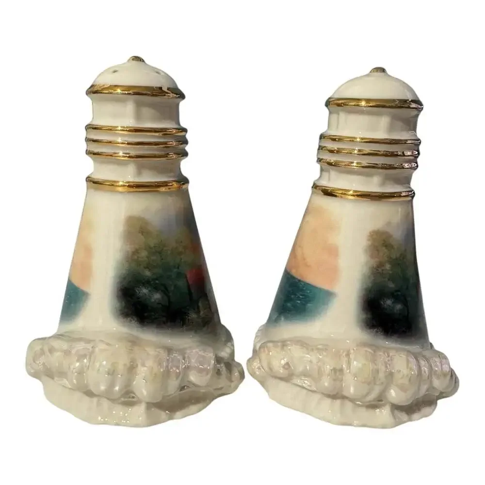 Lenox Thomas Kinkade Lighthouse Salt Pepper Shakers 2002 24K Gold Porcelain